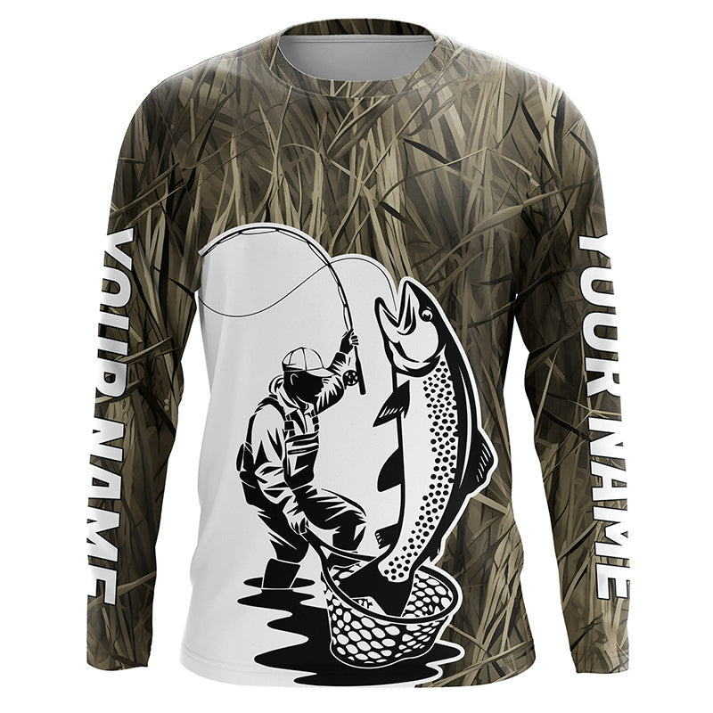 Custom Trout Fishing Camo Long Sleeve Fishing Shirts, Trout Tournament Fly Fishing Shirt IPHW7438