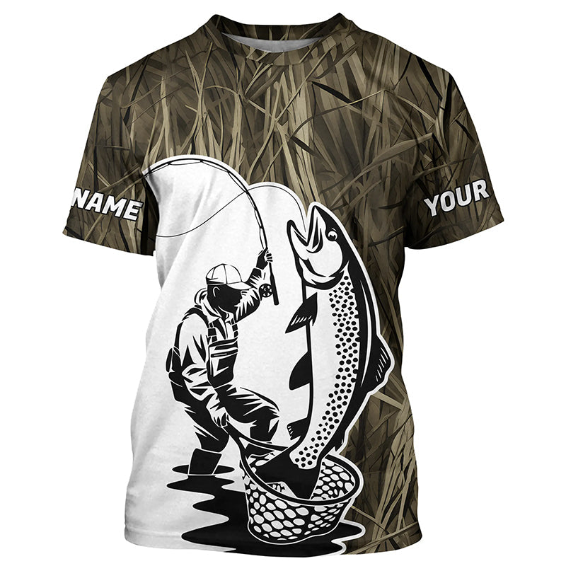 Custom Trout Fishing Camo Long Sleeve Fishing Shirts, Trout Tournament Fly Fishing Shirt IPHW7438