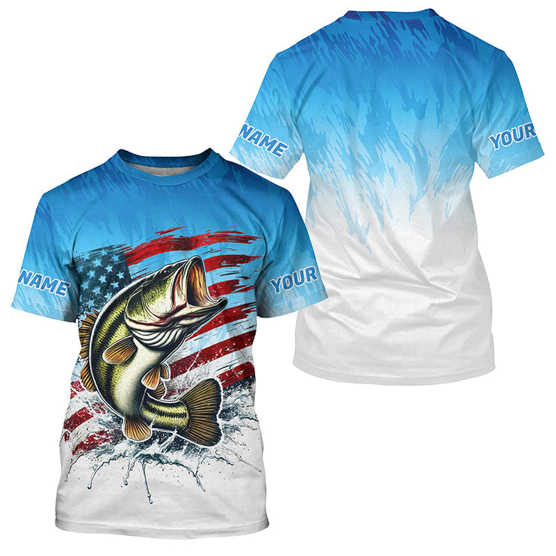 Custom Patriotic Largemouth Bass Fishing T-Shirts, Blue American Flag US Fishing Shirt IPHW7951