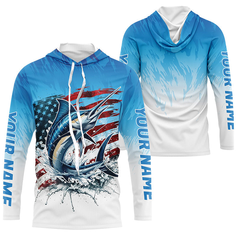 Custom Patriotic Marlin Long Sleeve Hooded Fishing Shirts, American Flag Marlin Saltwater Shirt IPHW7952