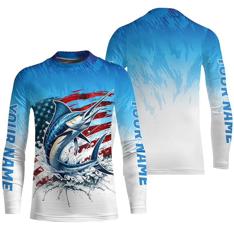 Custom Patriotic Marlin Kid Long Sleeve Fishing Shirts, American Flag Marlin Saltwater Fishing Shirt IPHW7952