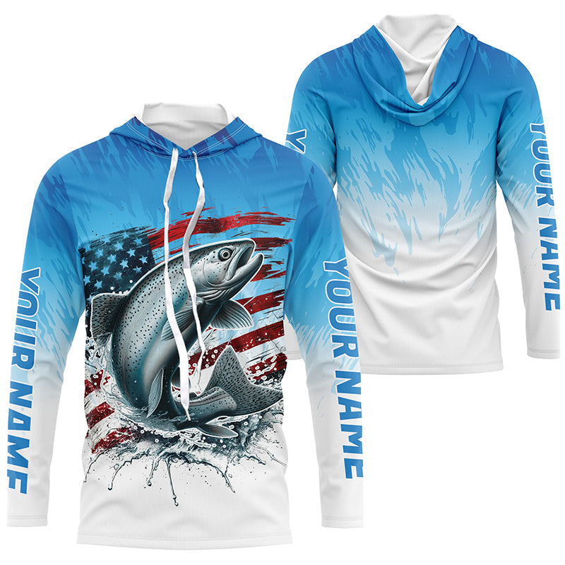 Custom Patriotic Chinook Salmon Long Sleeve Hooded Fishing Shirts, Salmon Saltwater Flag Shirt IPHW7953