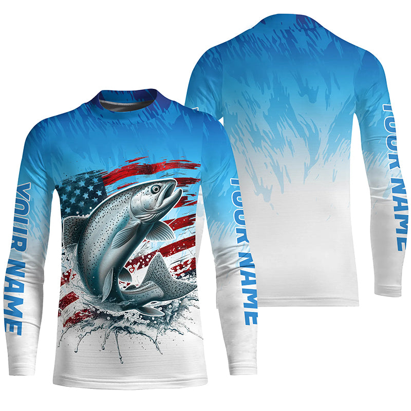 Custom Patriotic Chinook Salmon Kid Long Sleeve Fishing Shirts, Salmon Saltwater Flag Fishing Shirt IPHW7953