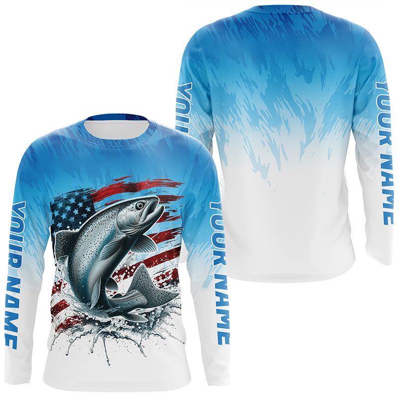 Custom Patriotic Chinook Salmon Long Sleeve Fishing Shirts, Salmon Saltwater Flag Fishing Shirt IPHW7953