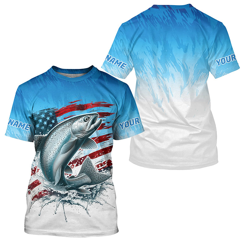 Custom Patriotic Chinook Salmon Fishing T-Shirts, Salmon Saltwater Flag Fishing Shirt IPHW7953