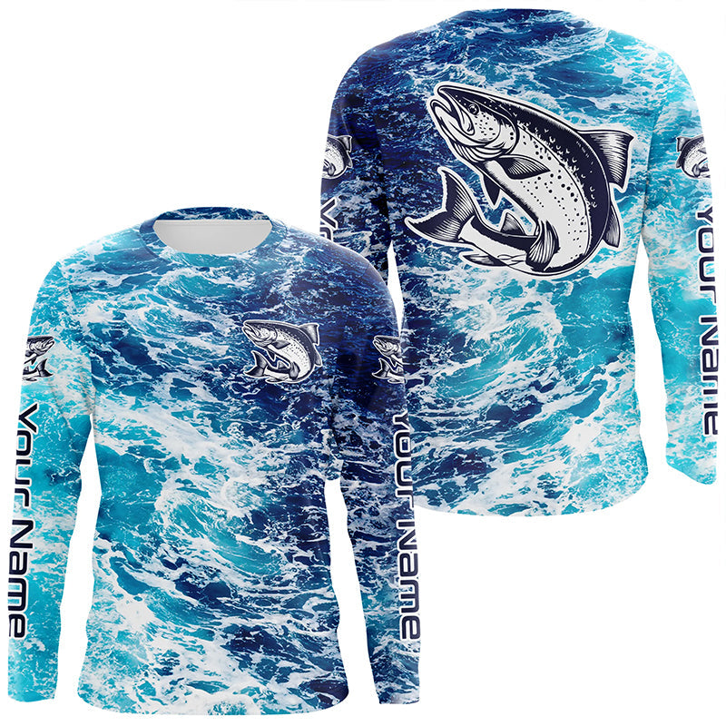 Custom Chinook King Salmon Saltwater Long Sleeve Fishing Shirts, Ocean Camo Salmon Fishing Jerseys IPHW6068