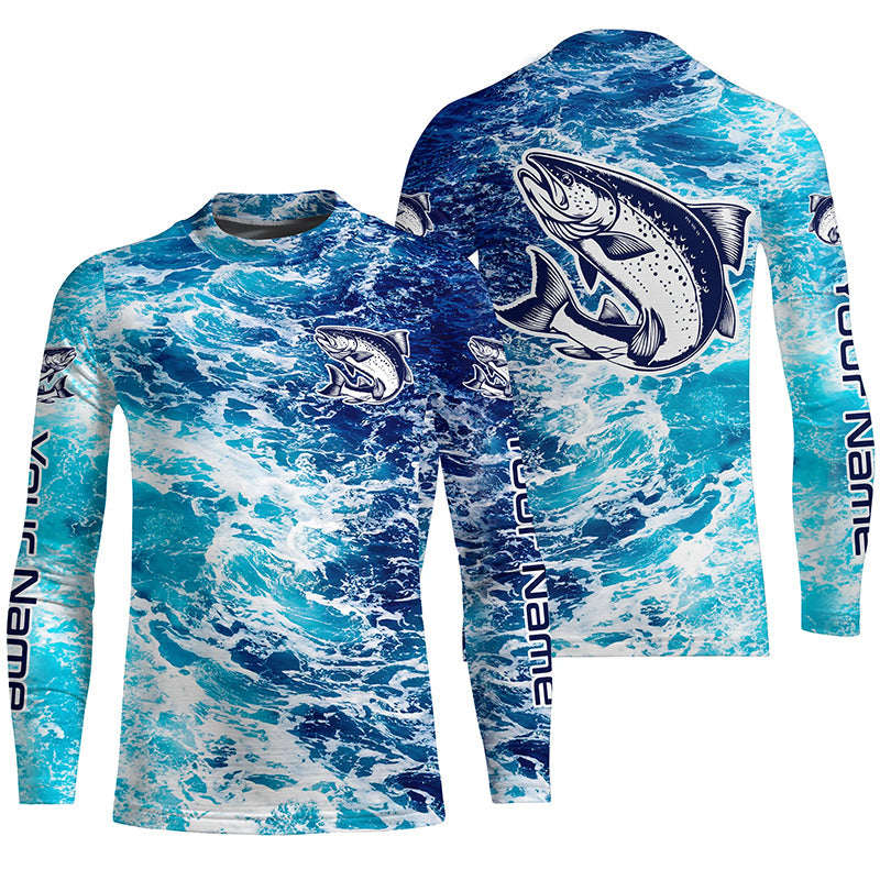 Custom Chinook King Salmon Saltwater Long Sleeve Fishing Shirts, Ocean Camo Salmon Fishing Jerseys IPHW6068