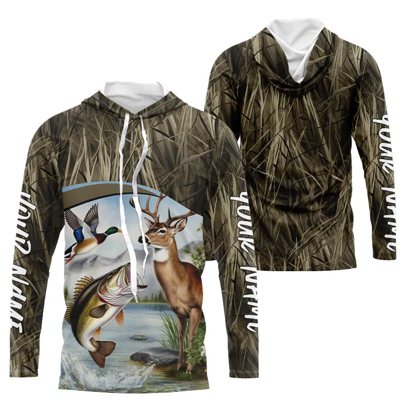 Largemouth Bass Fish Fishing, Deer And Duck Hunting Custom Long Sleeve Hooded Shirts IPHW8153