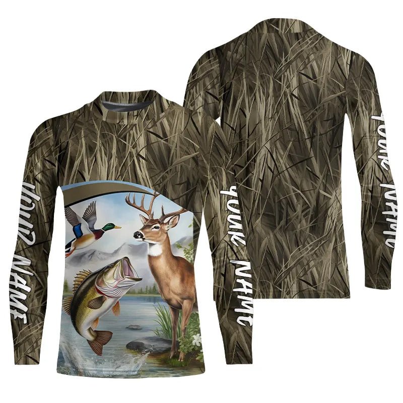 Largemouth Bass Fish Fishing, Deer And Duck Hunting Custom Kid Long Sleeve Shirts IPHW8153