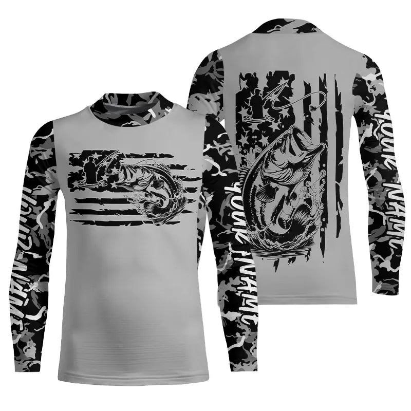 Gray Camo US Flag Custom Patriotic Largemouth Bass Kid Long Sleeve Tournament Fishing Shirt IPHW8155