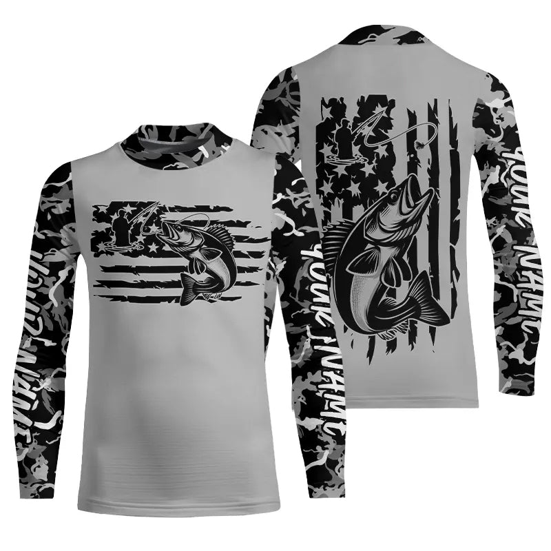 Gray Camo US Flag Custom Patriotic Walleye Kid Long Sleeve Tournament Fishing Shirt IPHW8156