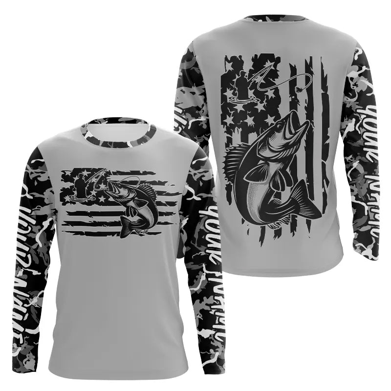 Gray Camo US Flag Custom Patriotic Walleye Long Sleeve Tournament Fishing Shirt IPHW8156