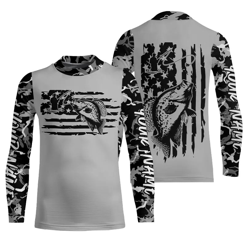 Gray Camo US Flag Custom Patriotic Crappie Kid Long Sleeve Tournament Fishing Shirt IPHW8157