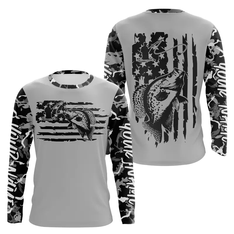 Gray Camo US Flag Custom Patriotic Crappie Long Sleeve Tournament Fishing Shirt IPHW8157