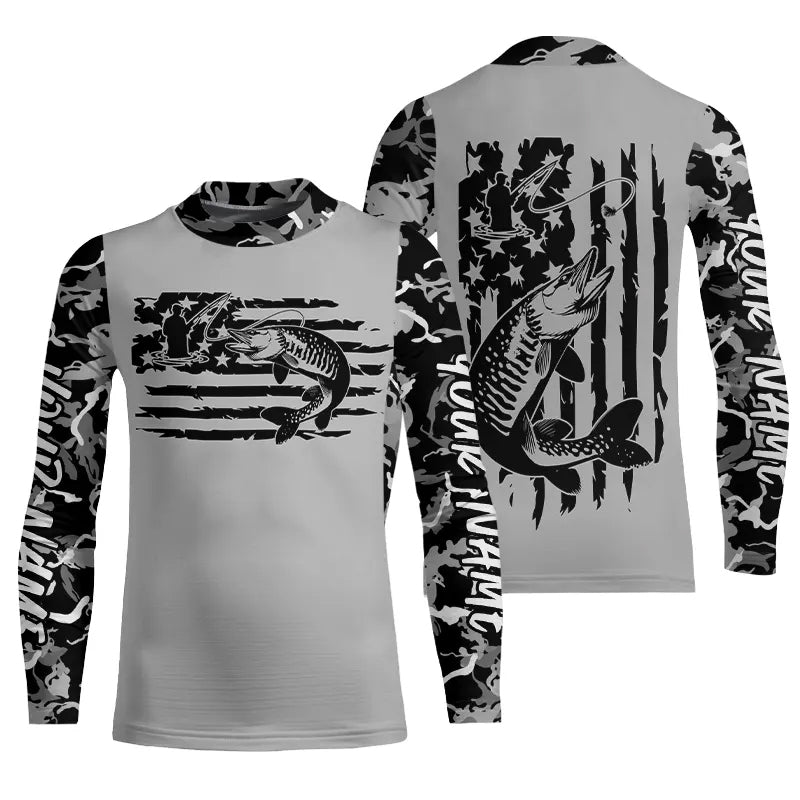 Gray Camo US Flag Custom Patriotic Musky Kid Long Sleeve Tournament Fishing Shirt IPHW8158