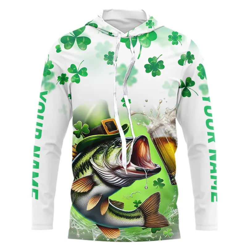 Custom St Patrick's Day Shamprock Largemouth Bass Long Sleeve Hooded Tournament Fishing Shirts IPHW8387