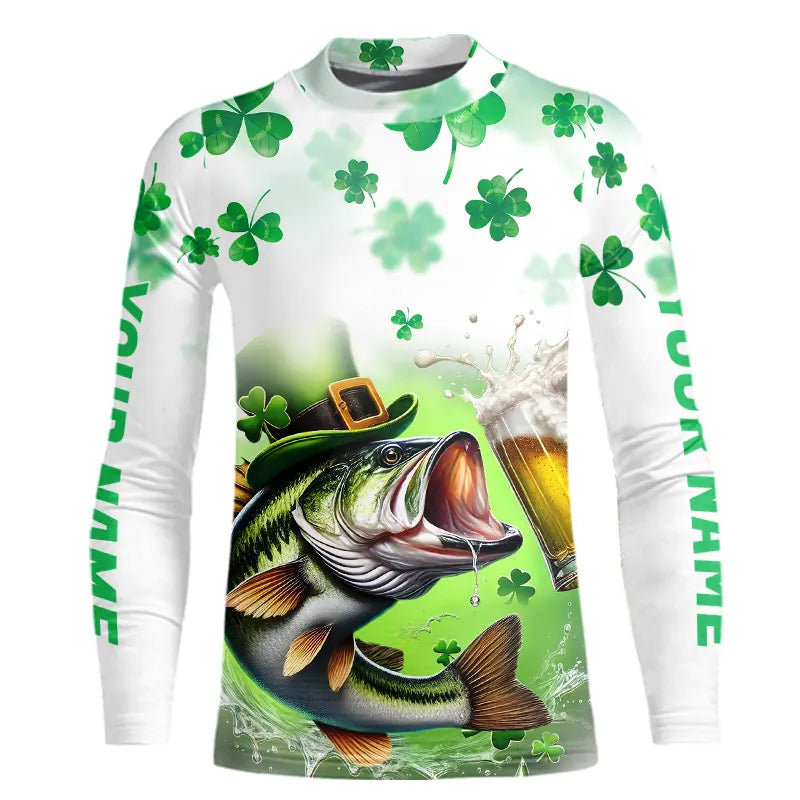 Custom St Patrick's Day Shamprock Largemouth Bass Kid Long Sleeve Tournament Fishing Shirts IPHW8387