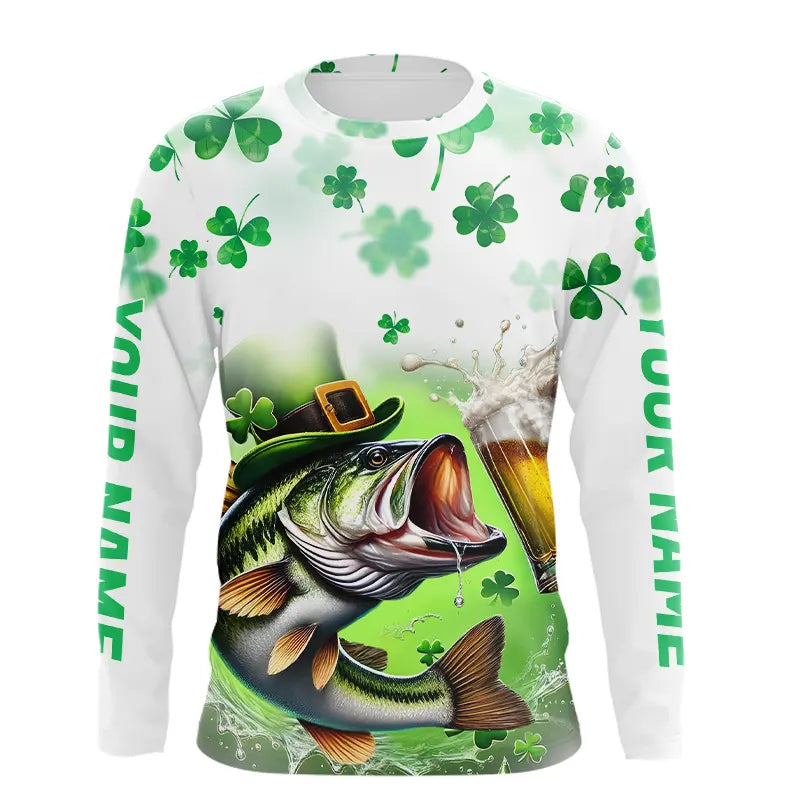 Custom St Patrick's Day Shamprock Largemouth Bass Long Sleeve Tournament Fishing Shirts IPHW8387