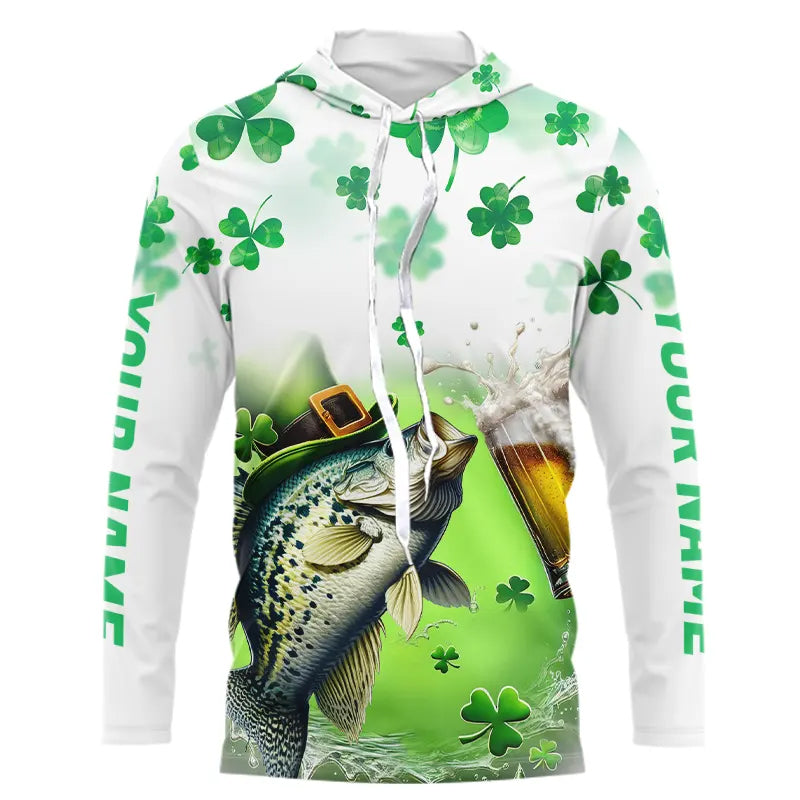 Custom St Patrick's Day Shamprock Crappie Long Sleeve Hooded Tournament Fishing Shirts IPHW8388