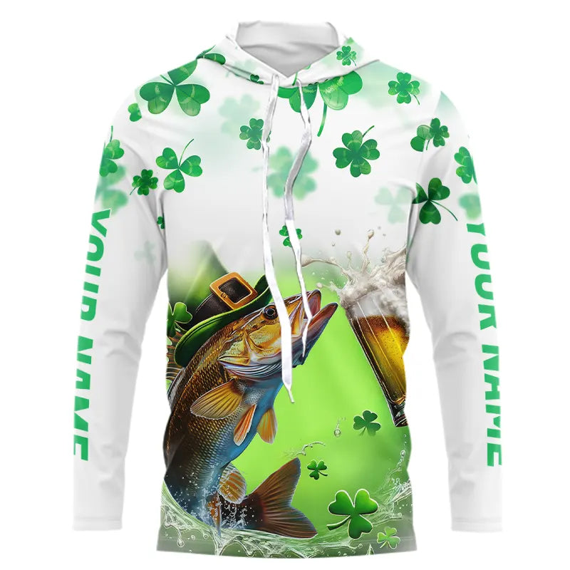 Custom St Patrick's Day Shamprock Walleye Long Sleeve Hooded Tournament Fishing Shirts IPHW8389