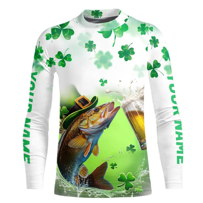 Custom St Patrick's Day Shamprock Walleye Kid Long Sleeve Tournament Fishing Shirts IPHW8389