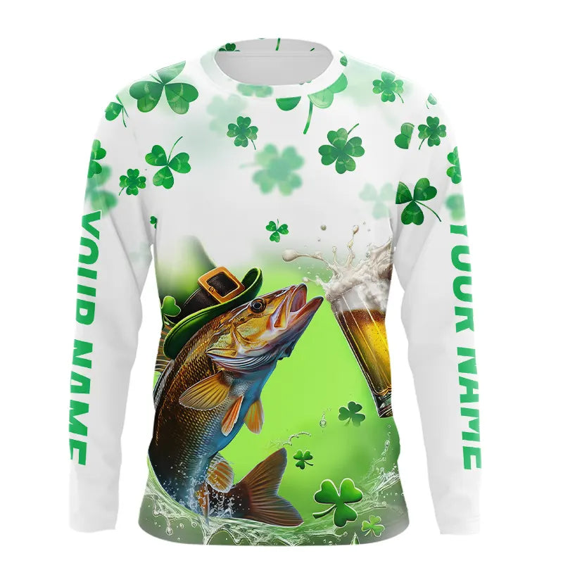 Custom St Patrick's Day Shamprock Walleye Long Sleeve Tournament Fishing Shirts IPHW8389