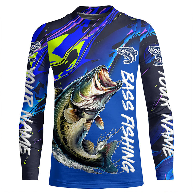 Personalized Largemouth Bass Long Sleeve Tournament Fishing Shirts, Water Camo Bass Fishing Jerseys IPHW6094