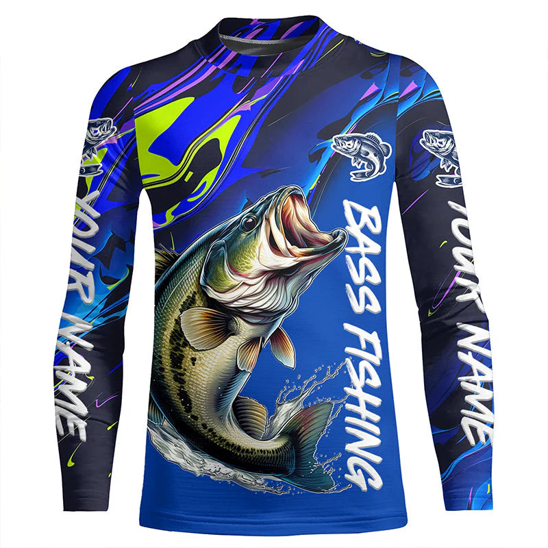 Youth Personalized Largemouth Bass Long Sleeve Tournament Fishing Shirts, Water Camo Bass Fishing Jerseys IPHW6094