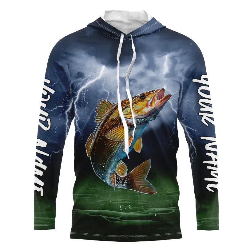 Thunder Lightning Custom Walleye Long Sleeve Hooded Tournament Fishing Shirts IPHW8163