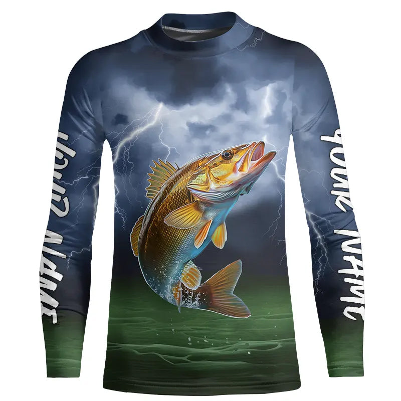 Thunder Lightning Custom Walleye Kid Long Sleeve Tournament Fishing Shirts, Walleye Fishing Jerseys IPHW8163