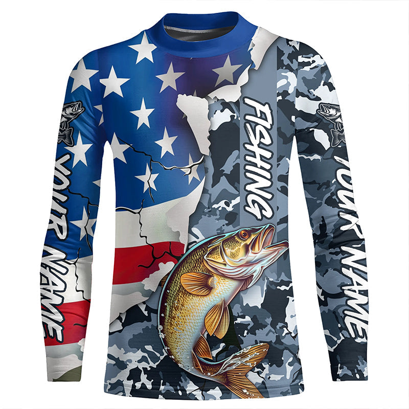 Custom American Flag Walleye Fishing Long Sleeve Shirts, Patriotic Camo Walleye Fishing Jerseys IPHW6104