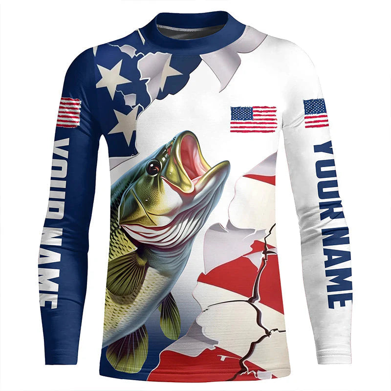 Kid Personalized American Flag Bass Fishing Long Sleeve Shirts, Patriotic Bass Fishing Jerseys IPHW6106