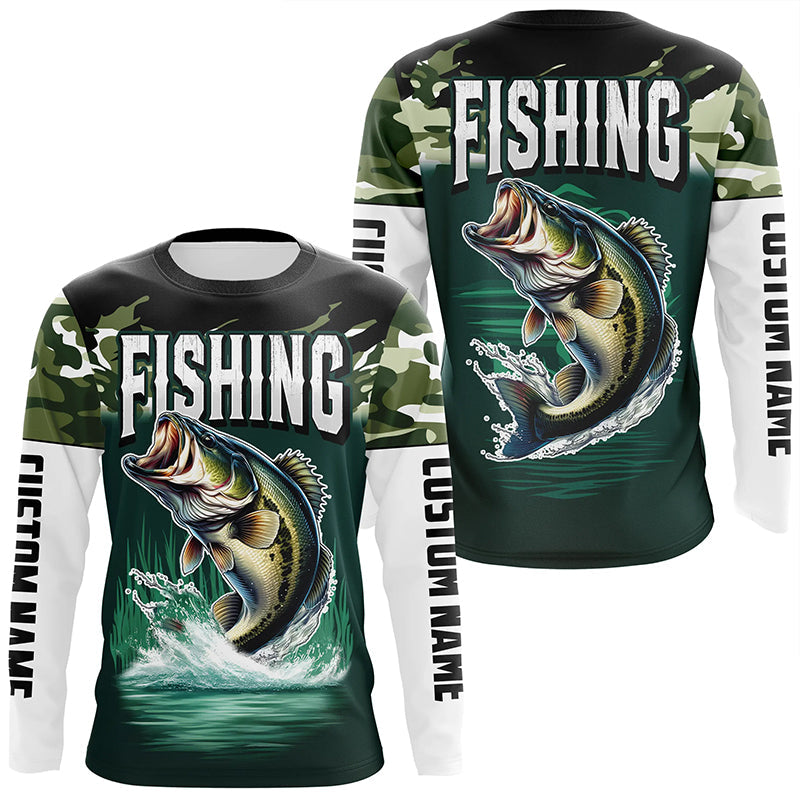 Camouflage Largemouth Bass Fishing Custom Long Sleeve Tournament Shirts, Fishing Gifts For Fisherman IPHW6628