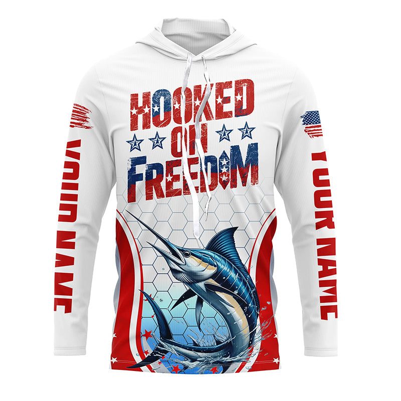 American Flag Marlin Custom Long Sleeve Fishing Shirts, Hooked On Freedom Patriotic Fishing Jerseys IPHW6813