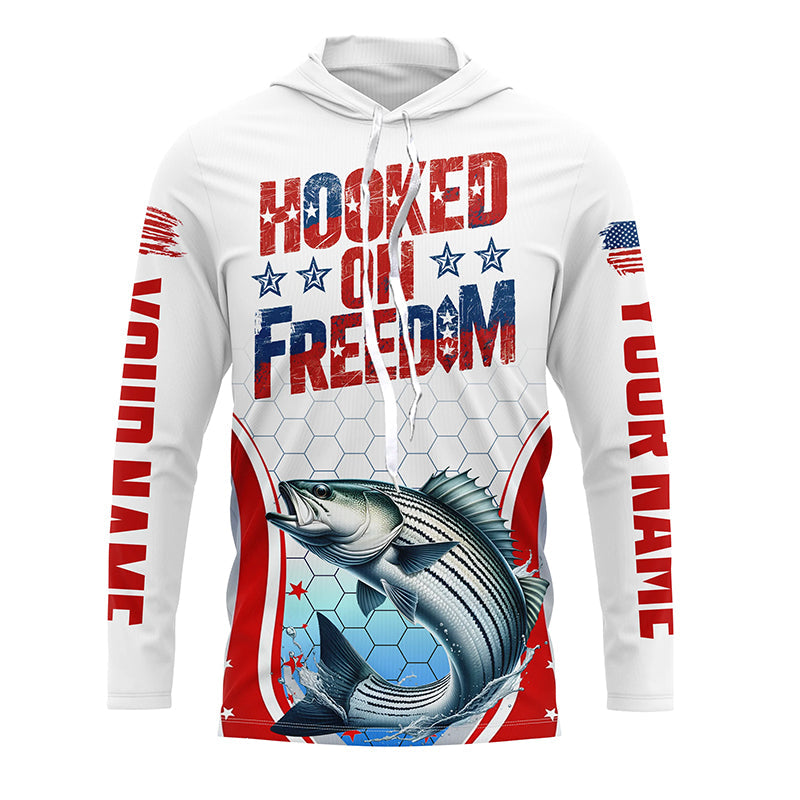 American Flag Striped Bass Custom Long Sleeve Fishing Shirts, Patriotic Fishing Jerseys IPHW6814