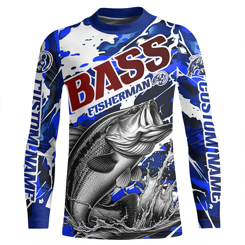 Personalized Bass Fisherman Kid Long Sleeve Fishing Shirt, Red White And Blue Camo Fishing Jerseys IPHW6457