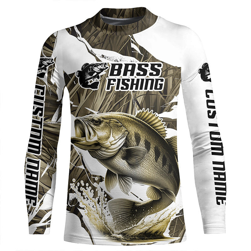 Grass Camo Custom Smallmouth Bass Fishing Long Sleeve Fishing Shirts, Smallmouth Fishing Apparel IPHW6462