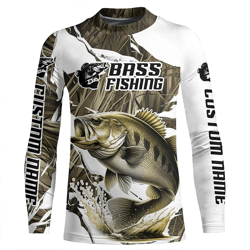 Grass Camo Custom Smallmouth Bass Fishing Kid Long Sleeve Fishing Shirts, Smallmouth Fishing Apparel IPHW6462