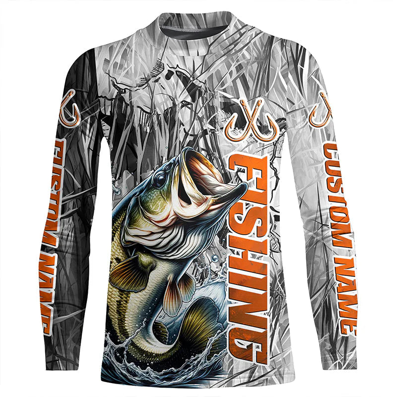 Largemouth Bass Fishing Custom Kid Long Sleeve Tournament Fishing Shirts, Gray Camo Bass Fishing Jerseys IPHW6463