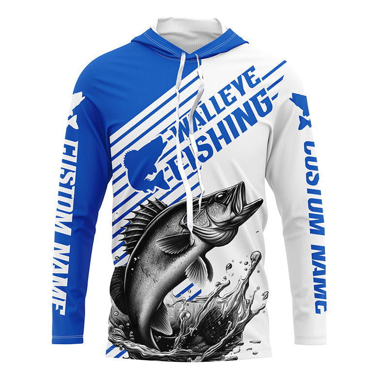 Walleye Fishing Customized Name Long Sleeve Tournament Shirts, Walleye Fishing Jerseys | Blue IPHW6651