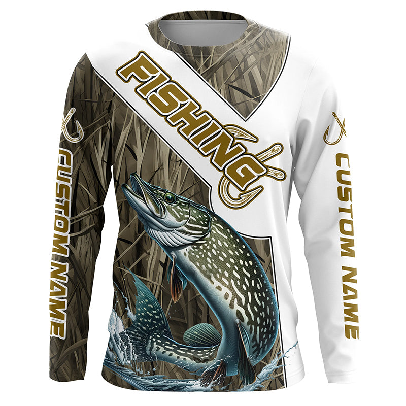camo fishing hook Pike Fishing Fish Hook Custom Long Sleeve Shirts, Pike Jerseys Fishing