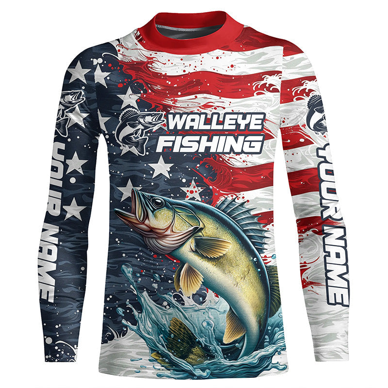 Custom Walleye Fishing American Flag Long Sleeve Fishing Shirts, Patriotic Walleye Fishing Shirts IPHW6823