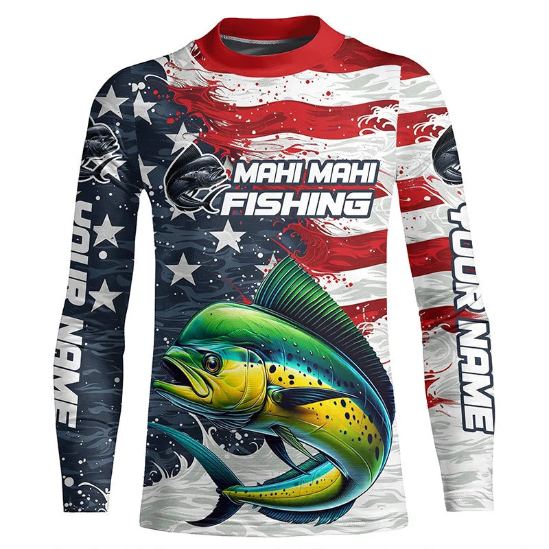 Youth Custom Mahi Mahi Fishing American Flag Kid Long Sleeve Fishing Shirts, Patriotic Mahi Fishing Shirts IPHW6826