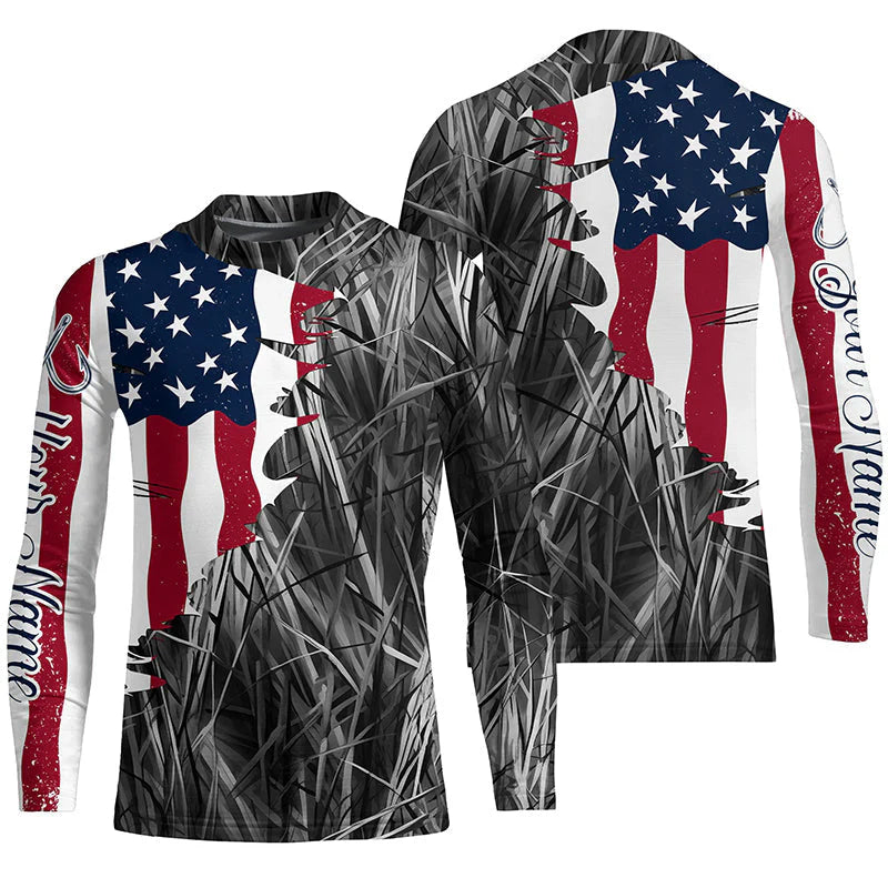 Custom Patriotic Camouflage Kid Long Sleeve Fishing Shirts, Personalized Fishing Jerseys | Gray Camo IPHW6998