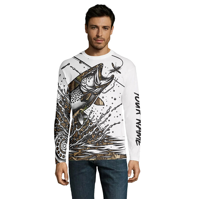 Trout Fly Fishing Camo Custom Long Sleeve Fishing Shirts, Flyfishing Trout Tournament Shirt IPHW5590