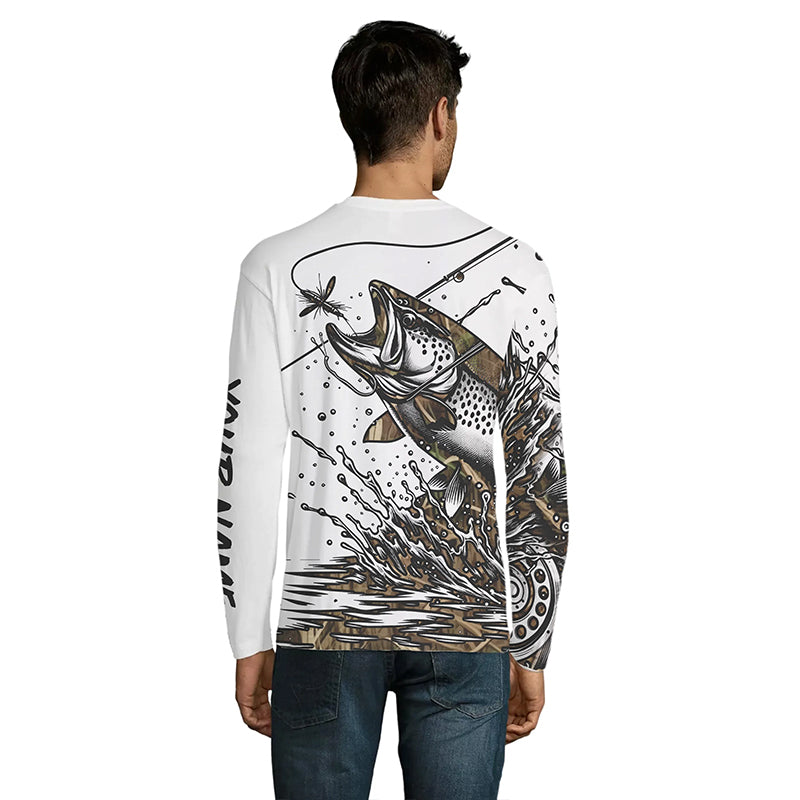 Trout Fly Fishing Camo Custom Long Sleeve Fishing Shirts, Flyfishing Trout Tournament Shirt IPHW5590