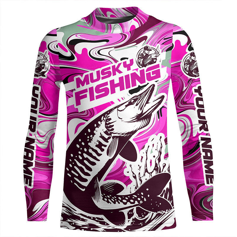 Custom Musky Long Sleeve Tournament Fishing Shirts, Water Camo Muskie Fishing Jerseys | Pink IPHW6163