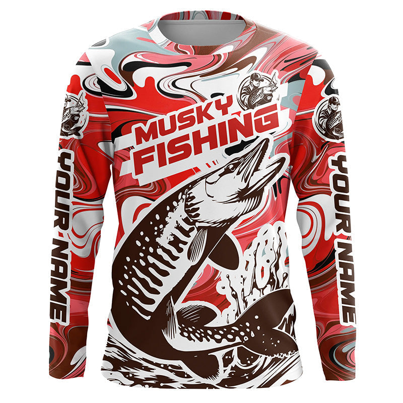 Custom Musky Long Sleeve Tournament Fishing Shirts, Water Camo Muskie Fishing Jerseys | Red IPHW6165