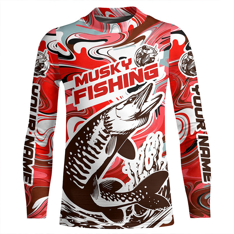 Custom Musky Long Sleeve Tournament Fishing Shirts, Water Camo Muskie Fishing Jerseys | Red IPHW6165