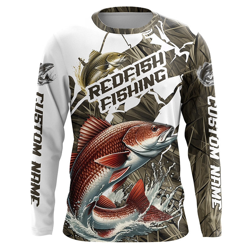 Custom Redfish Fishing Tournament Jerseys, Redfish Long Sleeve Fishing Shirts Camo IPHW6845